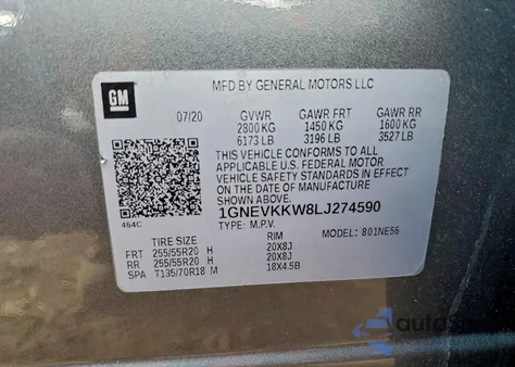 2020 Chevrolet Traverse Premier z USA, uszkodzony, nr VIN 1GNEVKKW8LJ274590